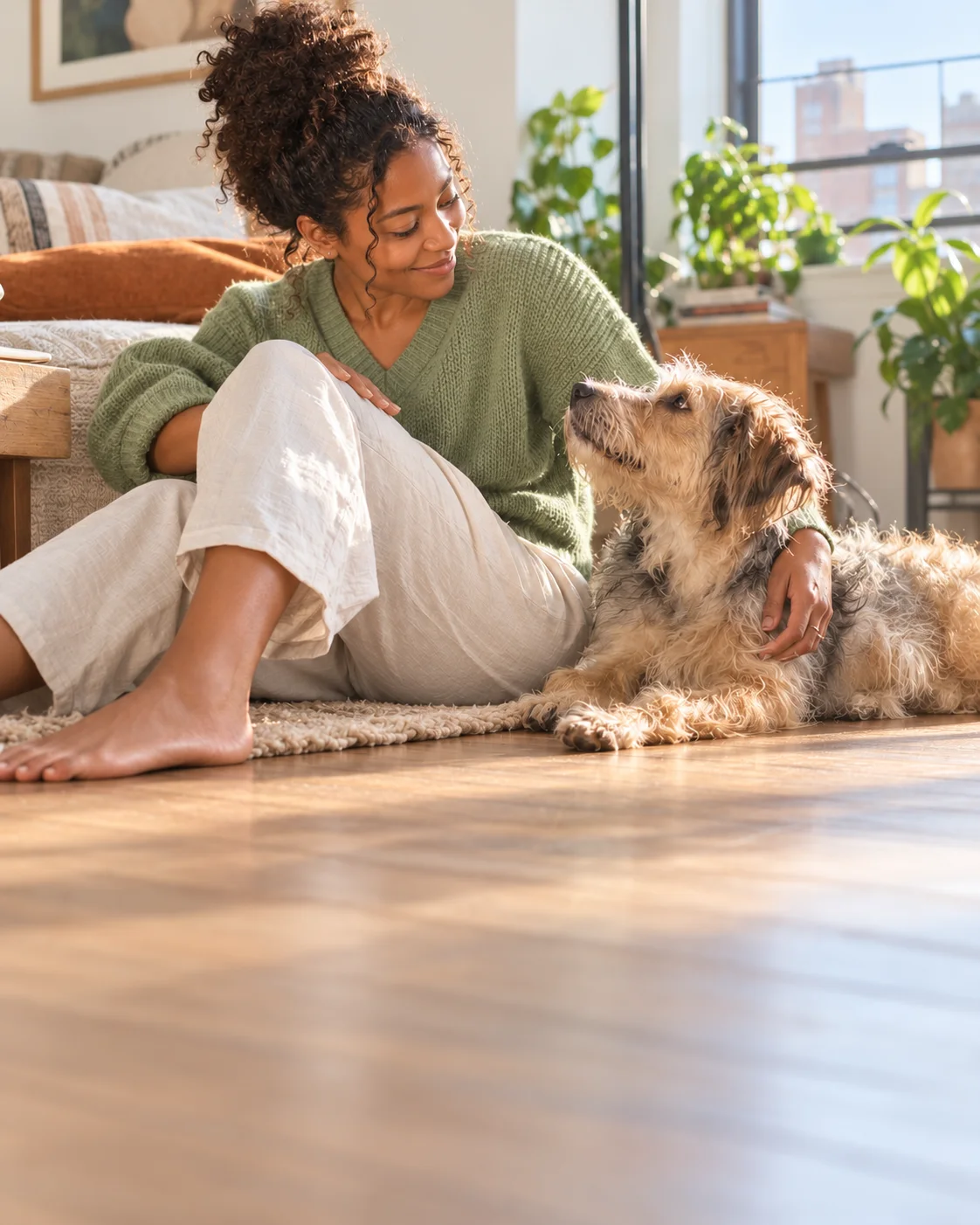Illustrative example portrait of a woman and her terrier together
