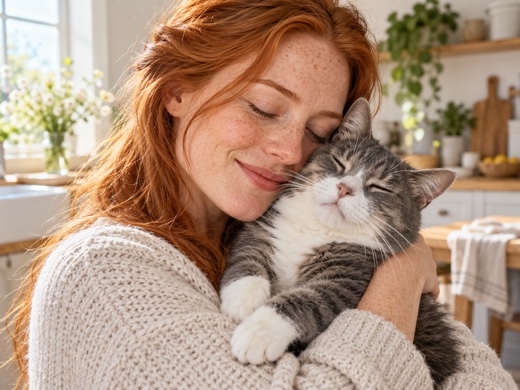 Woman resting her cheek beside her cat