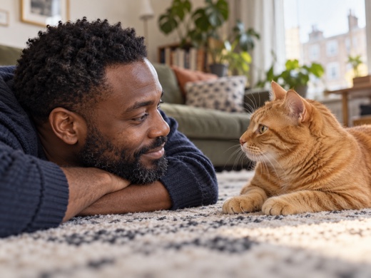 Man and cat looking at one another at home