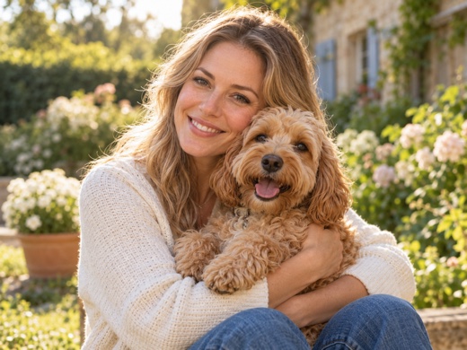 Woman holding her dog in a sunny garden