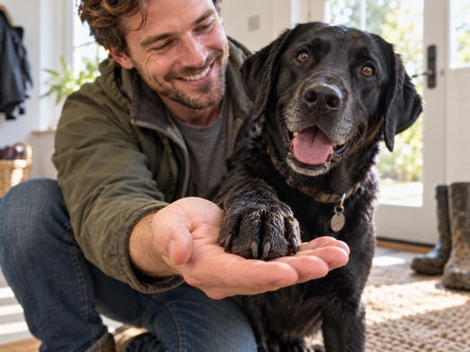 Man holding his dog's paw in his hand