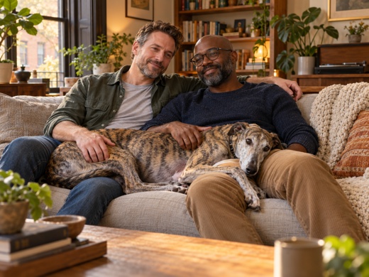 Two men relaxing with their dog on a sofa